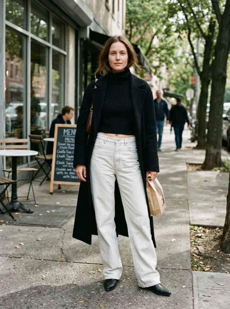 Black Cropped Ribbed Turtleneck with High-Rise Pale Wide-Leg Jeans