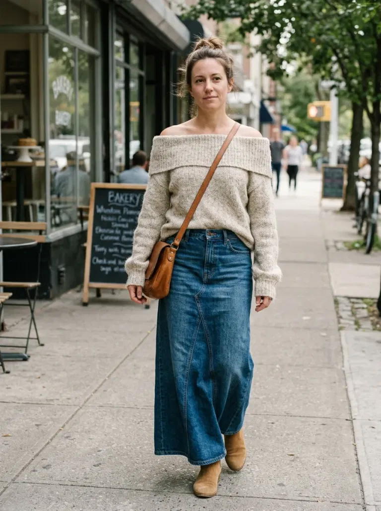 Oatmeal Off-The-Shoulder Relaxed Sweater with Blue Denim Maxi Skirt