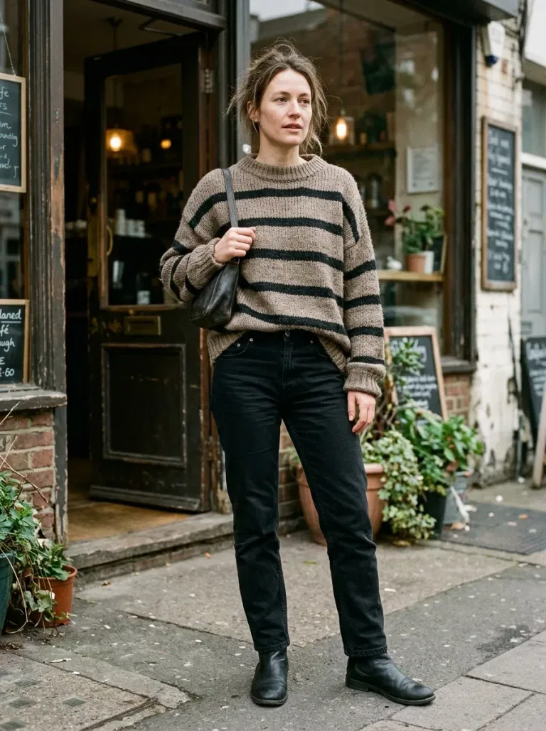 Taupe-And-Black Striped Chunky Sweater with Black Straight Jeans
