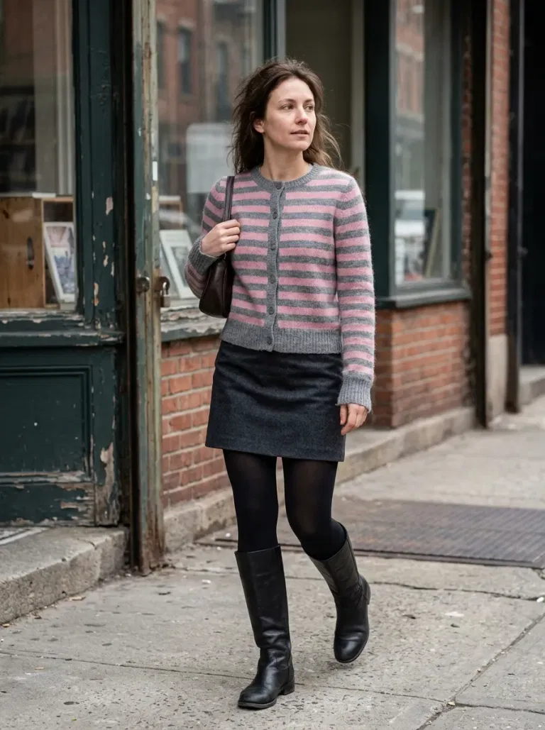 Grey-And-Pink Striped Cardigan with Charcoal Wool Mini Skirt