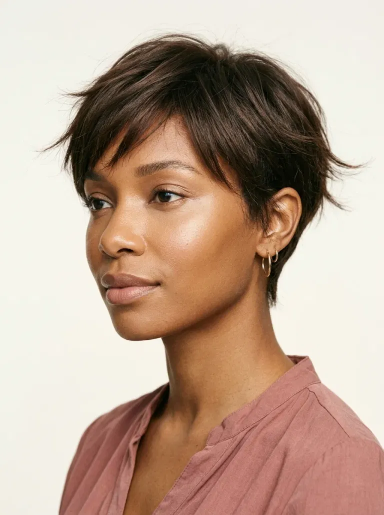 Black woman wearing a feathered straight pixie hairstyle