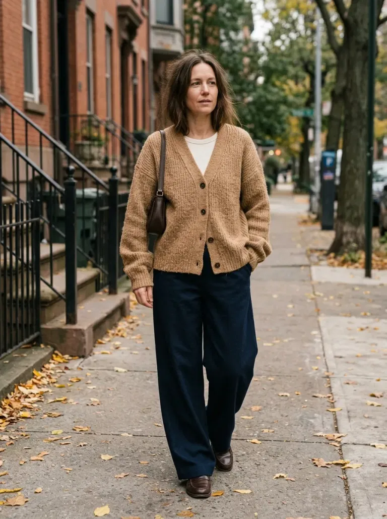 Camel Textured Knit Cardigan with Navy Wide-Leg Trousers
