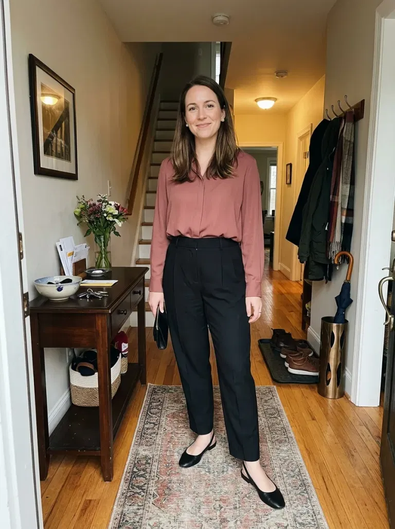 Rosewood Blouse with Pleated Black Trousers