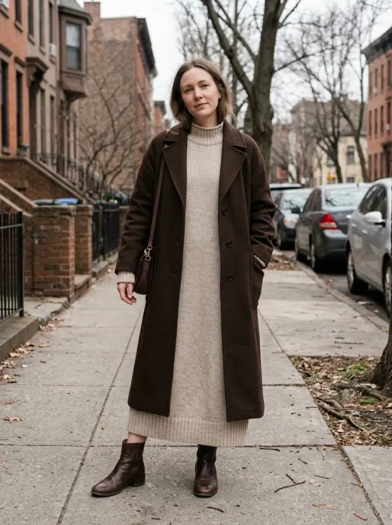 Oatmeal Relaxed Maxi Sweater Dress with Dark Brown Coat