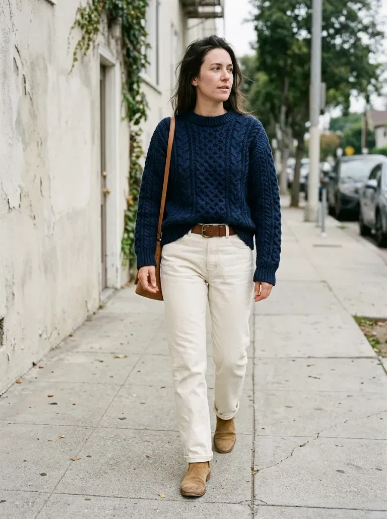 Navy Blue Cable-Knit Sweater with Cream Straight Jeans