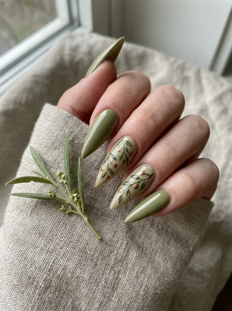 Tiny Olive Sprigs nail design