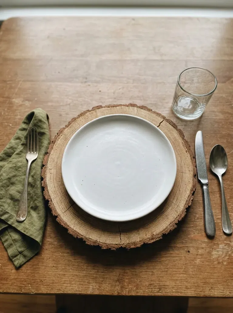Wood Charger and Olive Linen