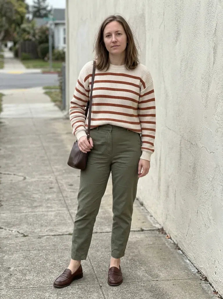 Cream-And-Rust Striped Ribbed Sweater with Olive Tapered Trousers