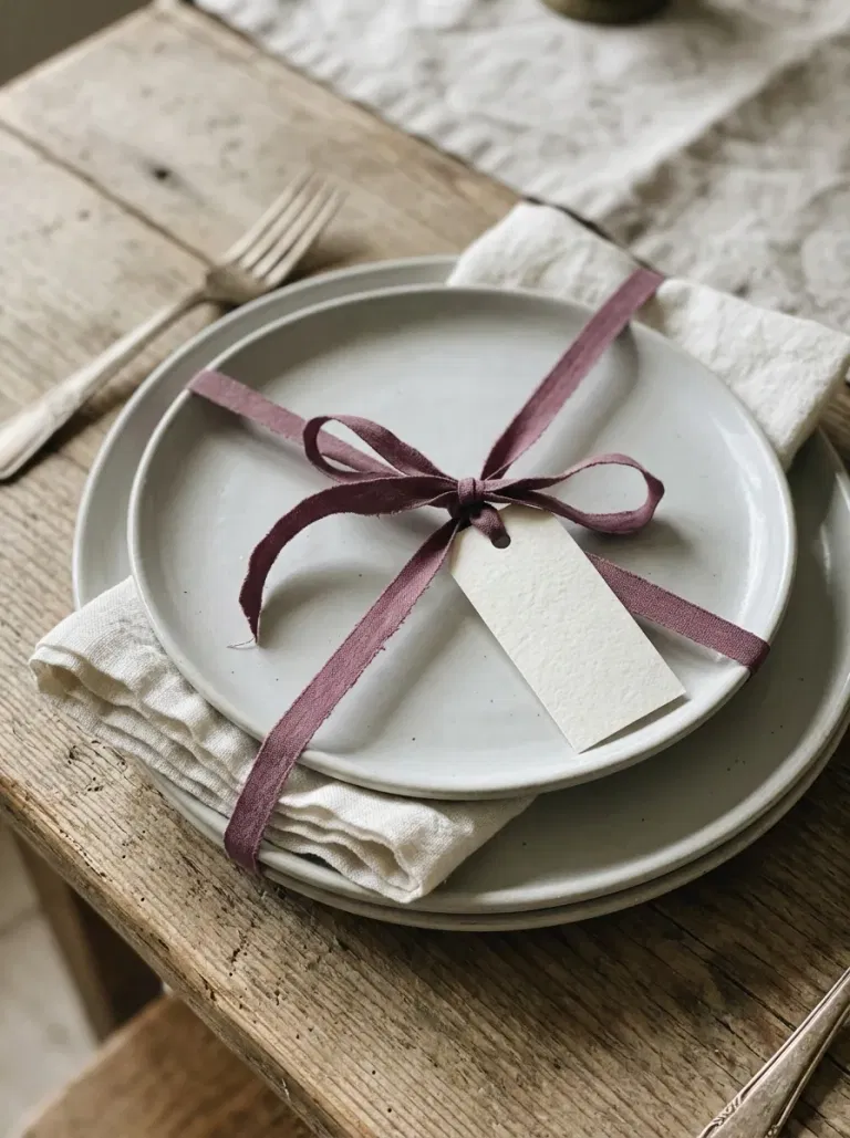 Plum Ribbon on Soft Gray Plates
