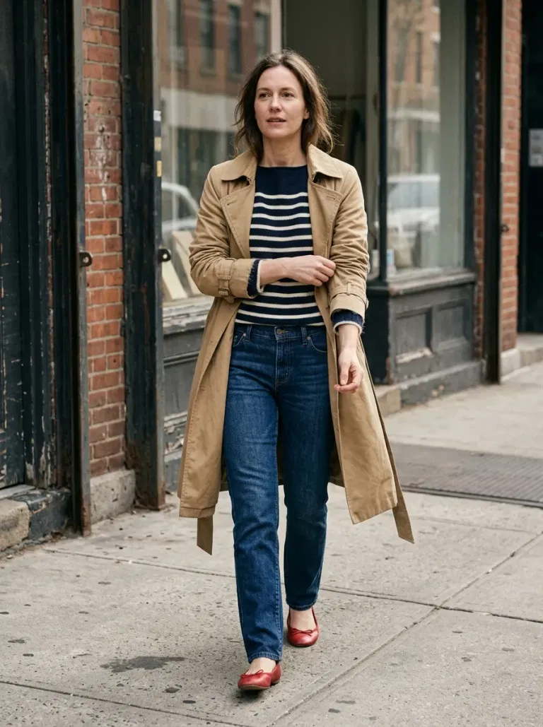 Navy-And-Cream Striped Boat-Neck Sweater with Dark Blue Straight Jeans
