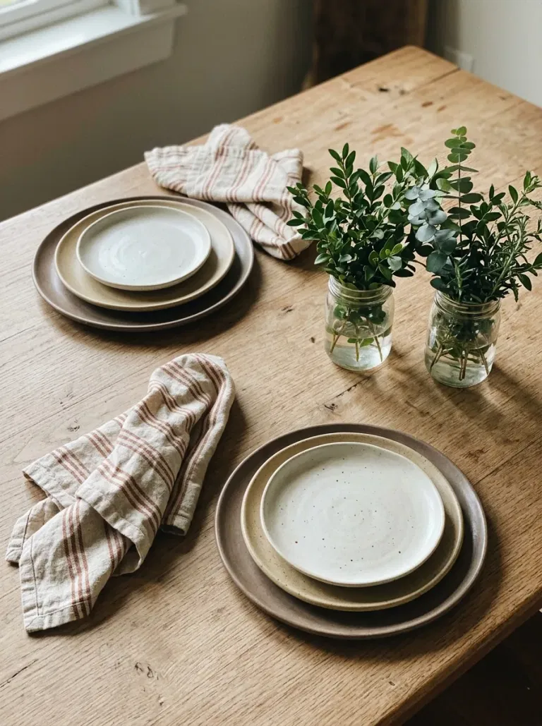 Mismatched Pottery and Linen Stripes