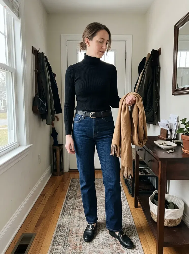 Black Turtleneck and Gold Buckle Loafers