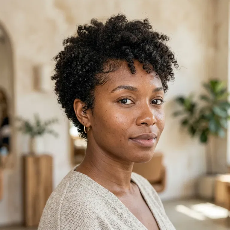 Black woman wearing a textured frohawk pixie haircut