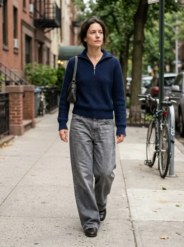 Navy Blue Zip-Neck Sweater with Grey Wide-Leg Jeans