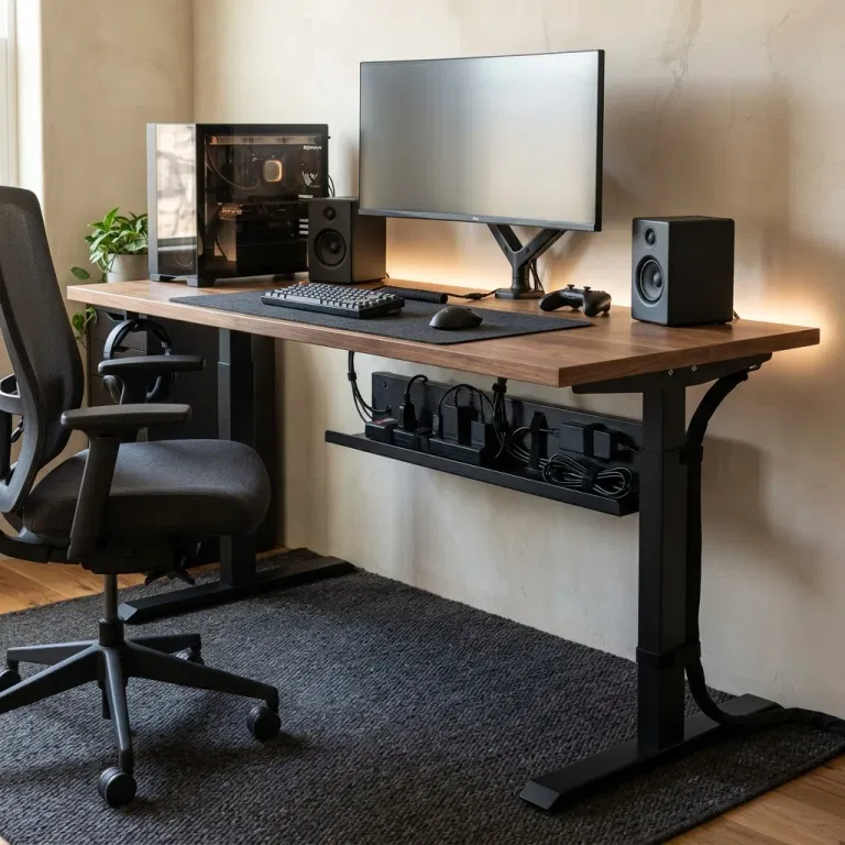 Gaming desk with an under-desk cable tray holding power adapters