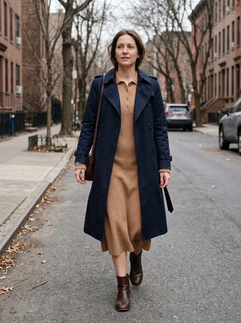 Camel Polo Midi Sweater Dress with Navy Trench Coat