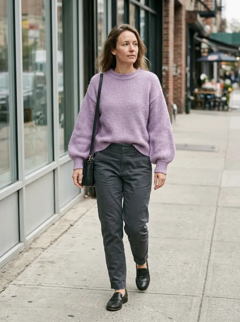Lavender Balloon-Sleeve Sweater with Charcoal Tapered Trousers