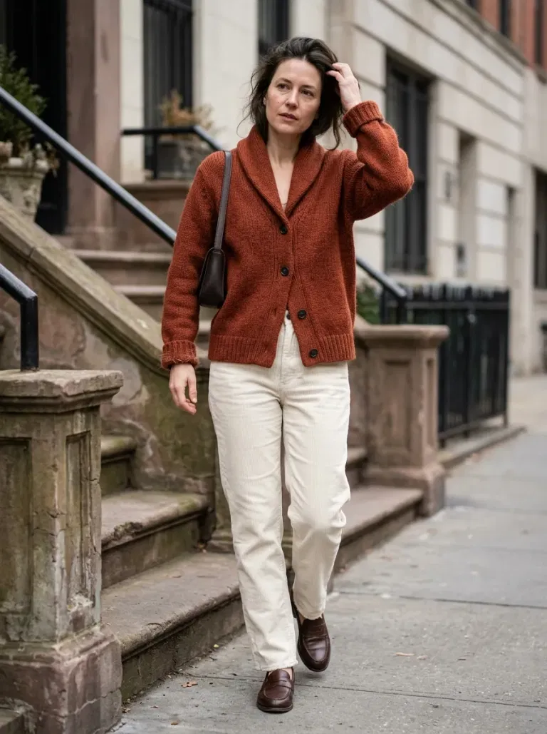 Rust Shawl-Collar Cardigan with Ecru Corduroy Trousers