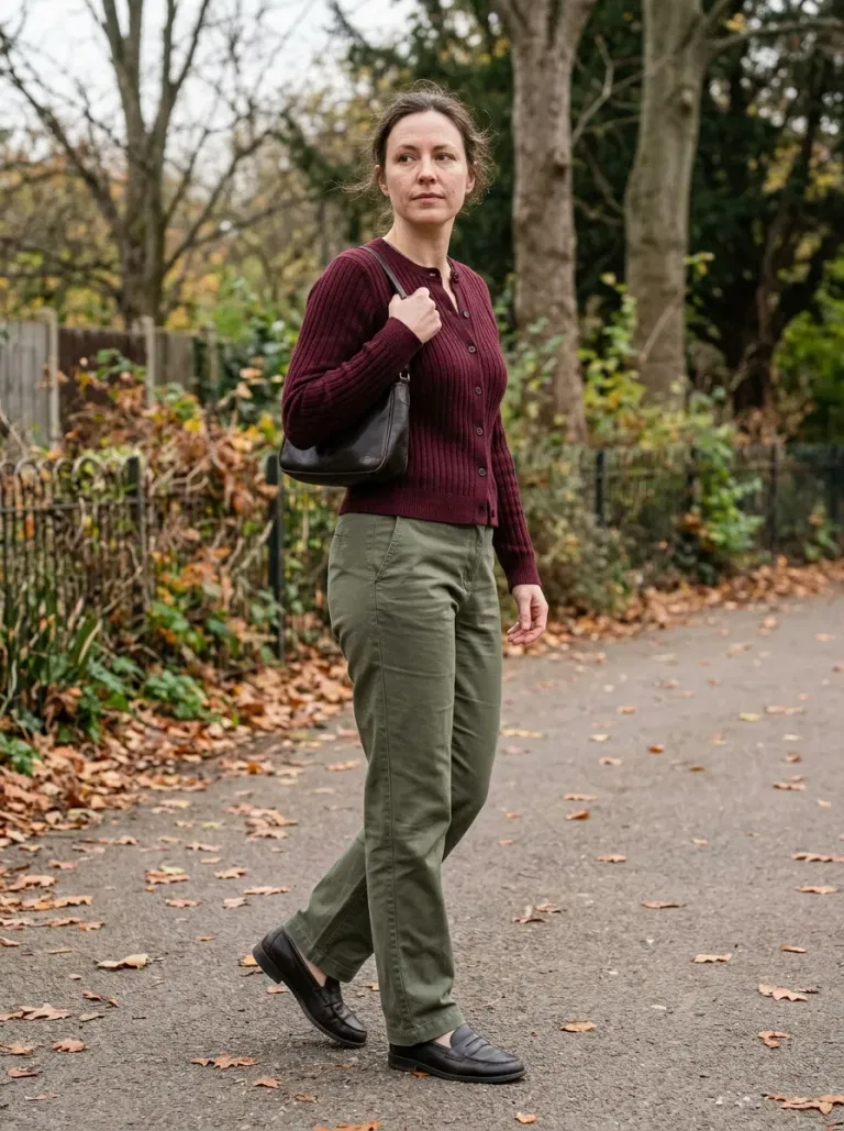 Burgundy Ribbed Knit Cardigan with Olive Straight Trousers