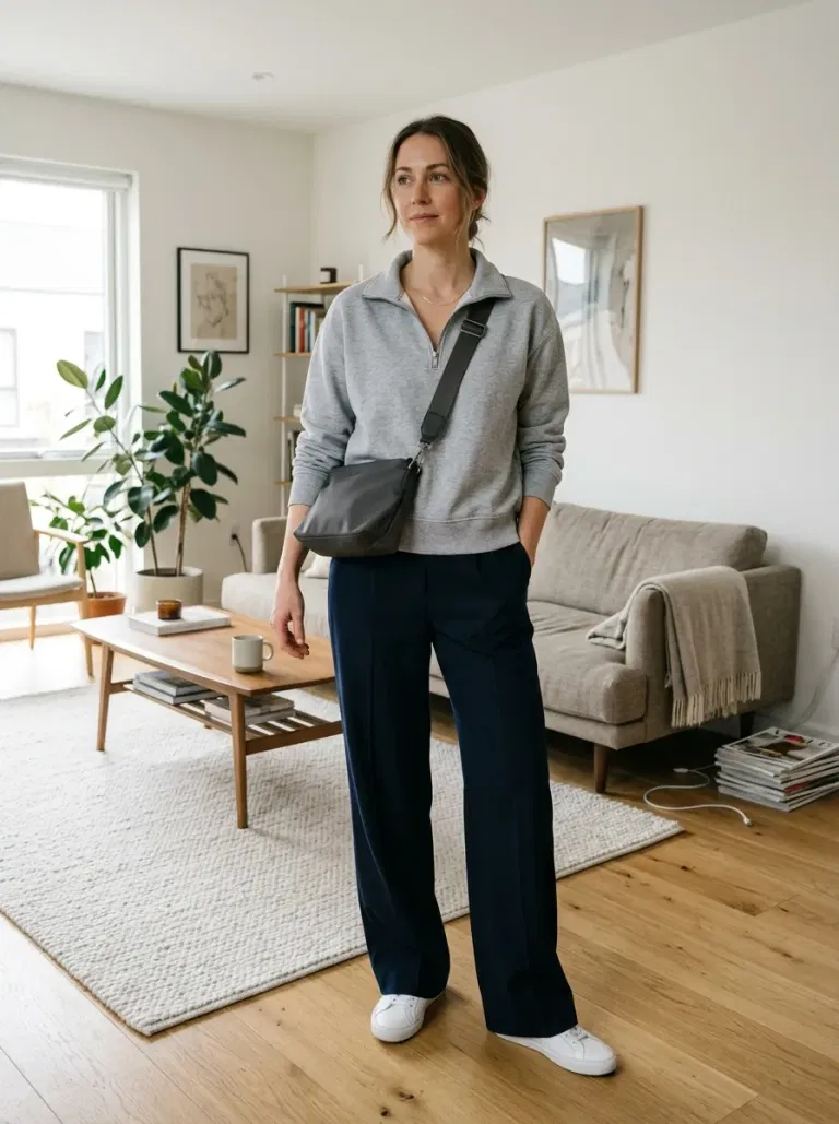 Gray Half-Zip with Tailored Navy Pants