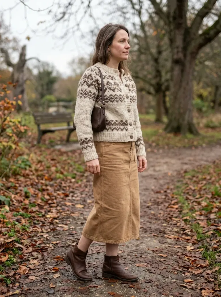 Cream-And-Brown Fair Isle Knit Cardigan with Camel Denim Midi Skirt