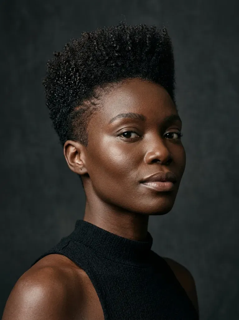 Black woman wearing a coily pixie with a soft frohawk shape