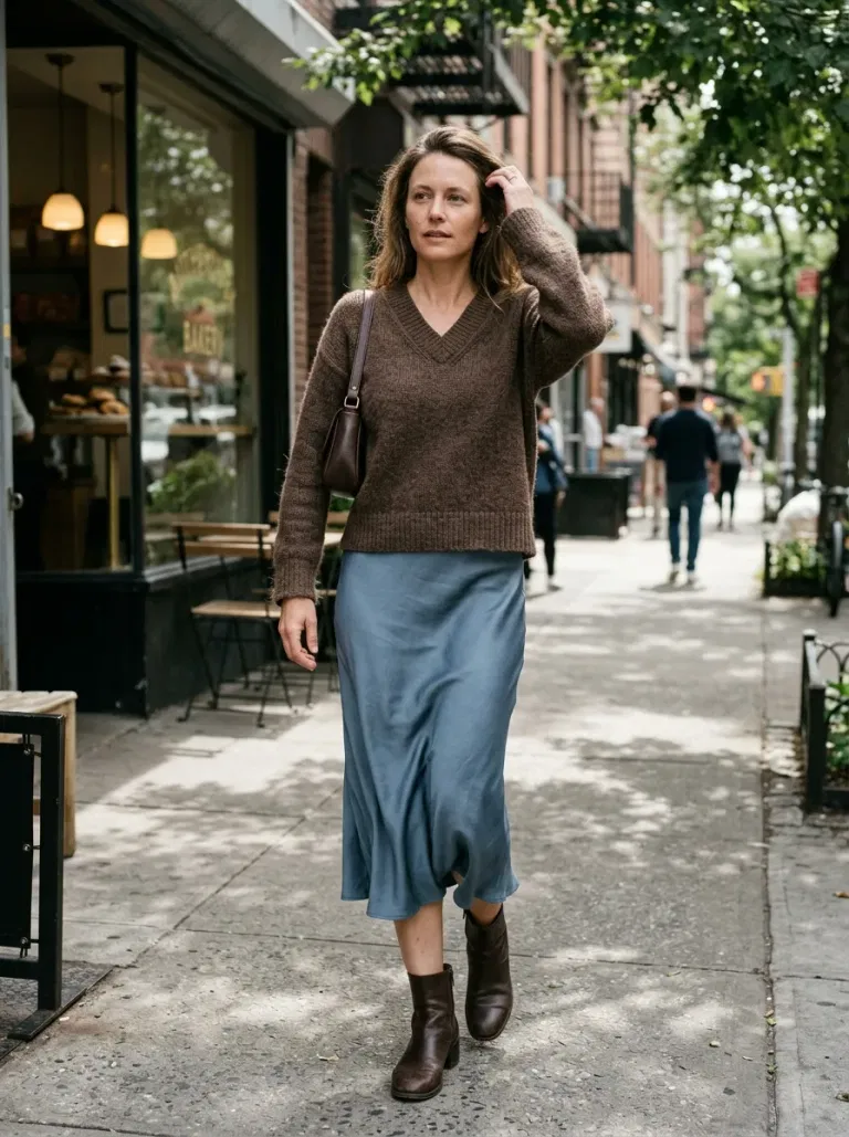 Espresso V-Neck Sweater with Dusty-Blue Satin Skirt