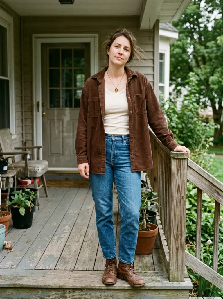 Chocolate Corduroy Overshirt and Blue Jeans