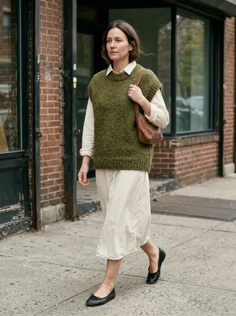 Olive Chunky Sweater Vest with Cream Shirt Dress