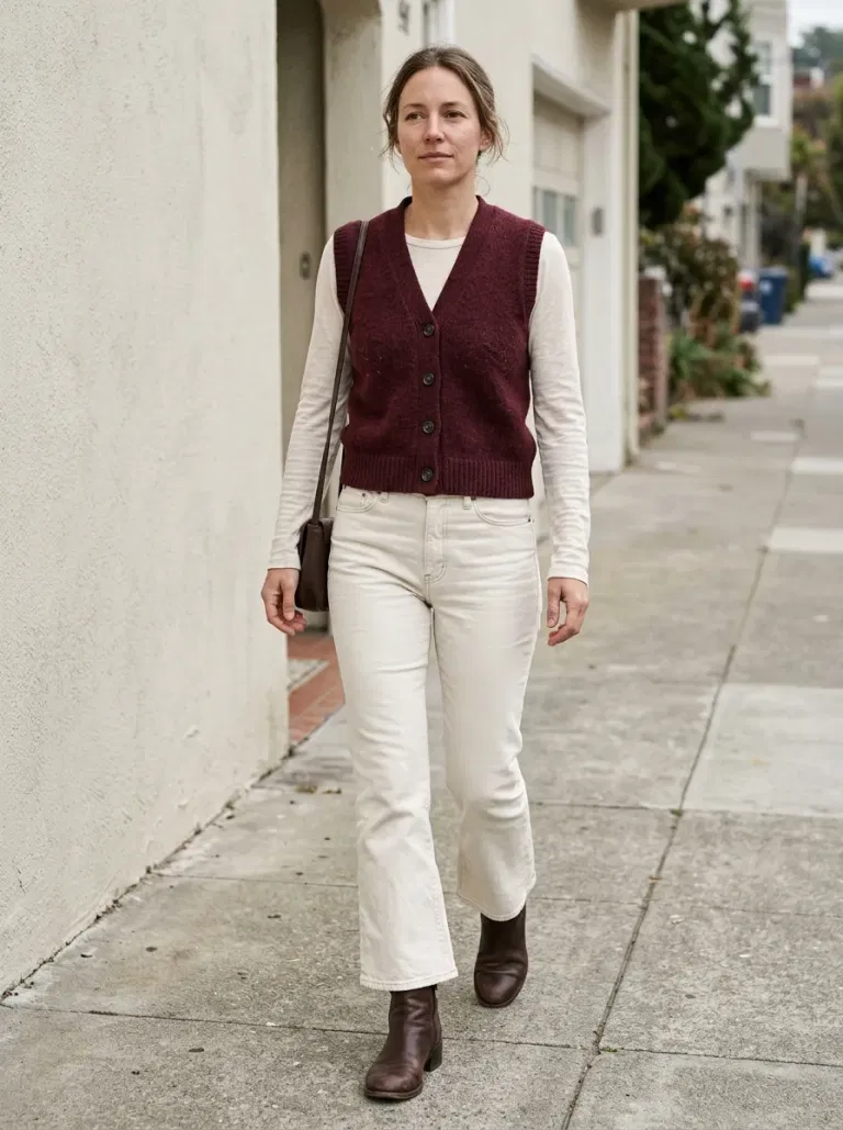 Burgundy Buttoned Sweater Vest with Ecru Kick-Flare Jeans