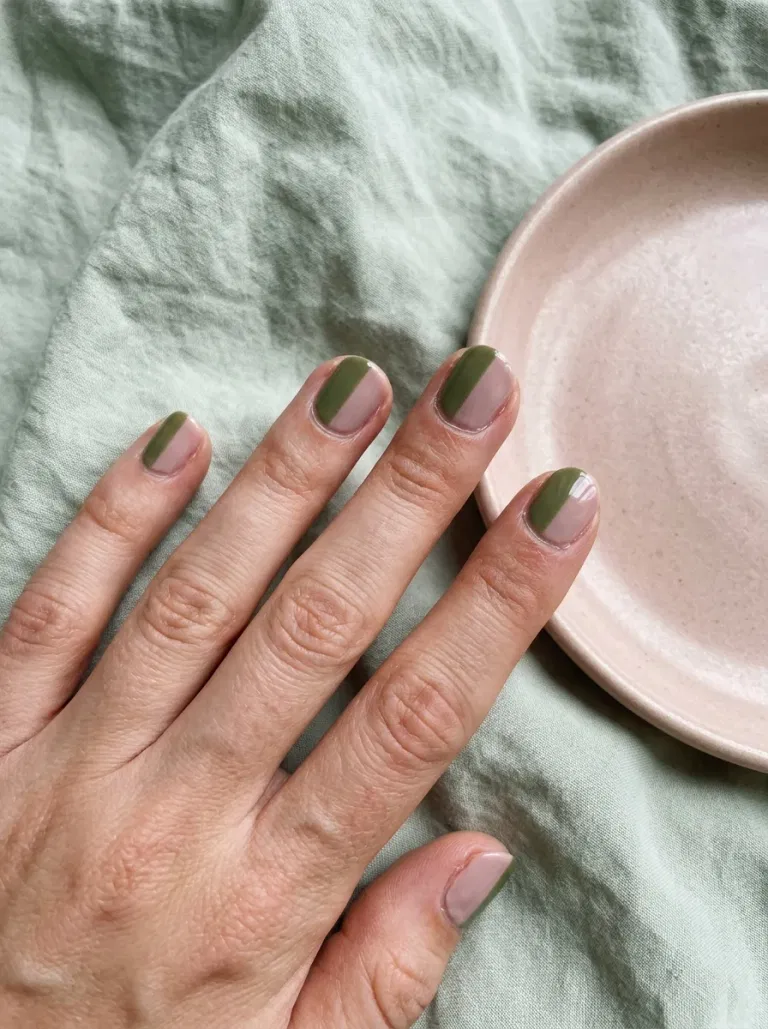 Olive and Blush Split nail design