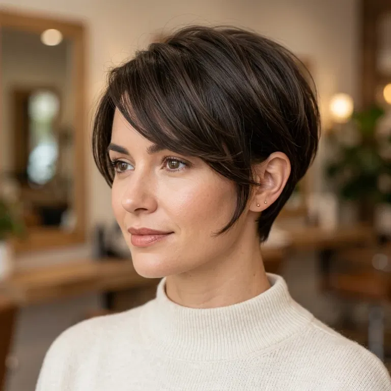 Woman wearing a rounded pixie haircut with a long side fringe