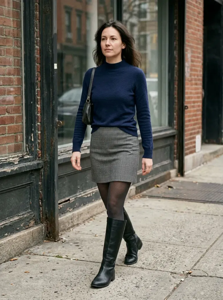 Navy Blue Fine-Knit Mock-Neck Sweater with Grey Checked Mini Skirt