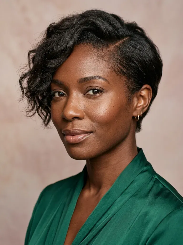 Black woman wearing a short wave pixie with a defined edge