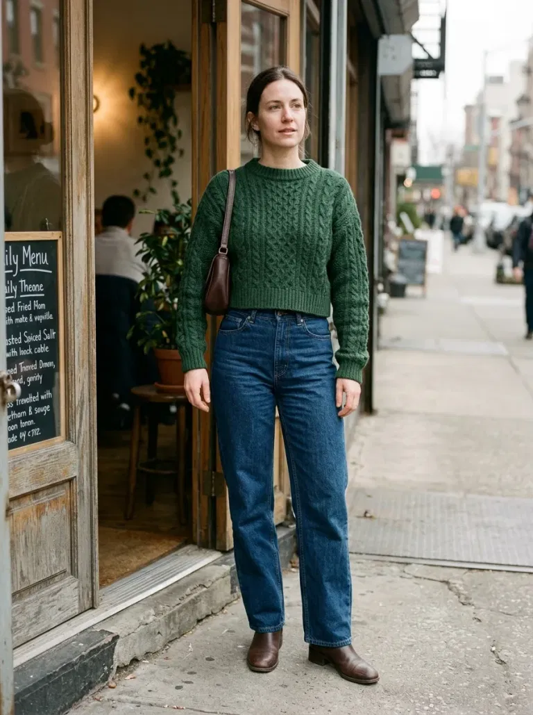 Forest-Green Cropped Cable Sweater with High-Rise Dark Blue Trouser Jeans