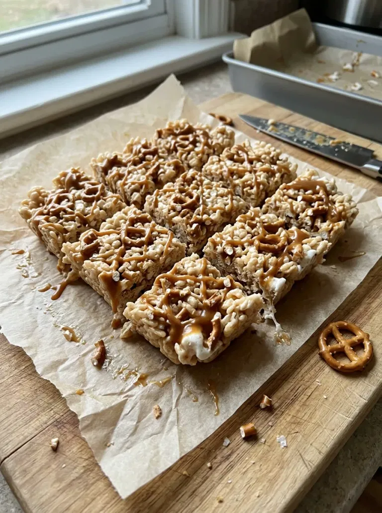 Caramel Pretzel Crispy Squares