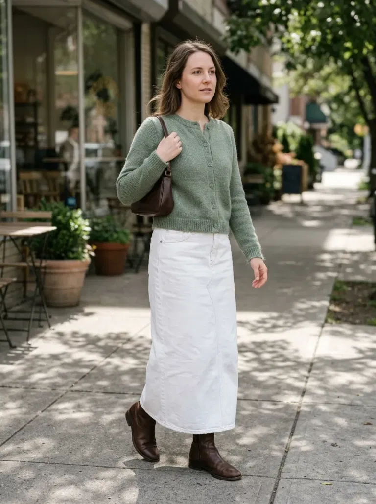 Sage Hip-Length Cardigan with White Denim Maxi Skirt