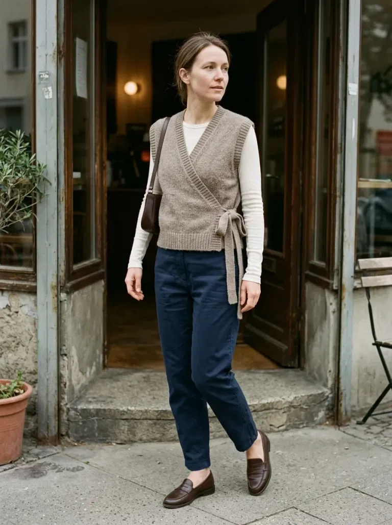 Taupe Wrap Sweater Vest with Navy Tapered Trousers
