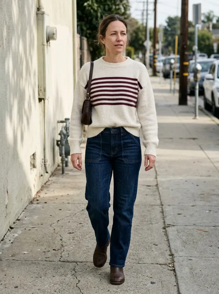 Ivory Sweater With Burgundy Chest Stripes with Dark Indigo Trouser Jeans
