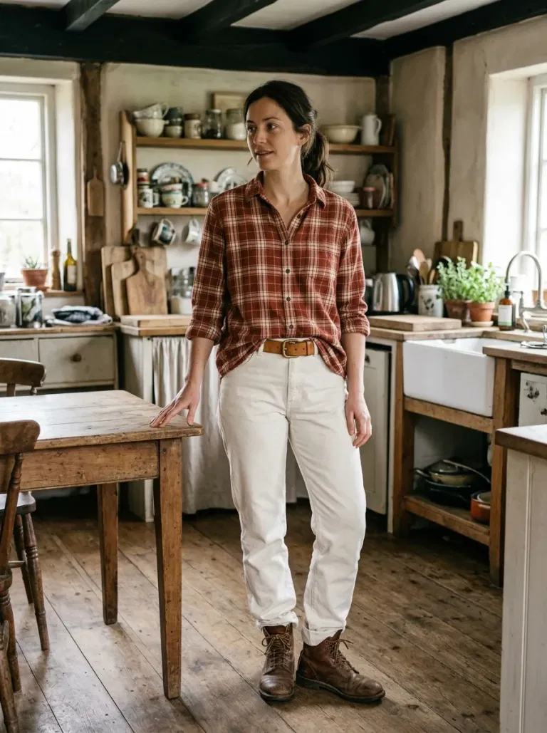 Brick-Red Flannel and Ecru Pants