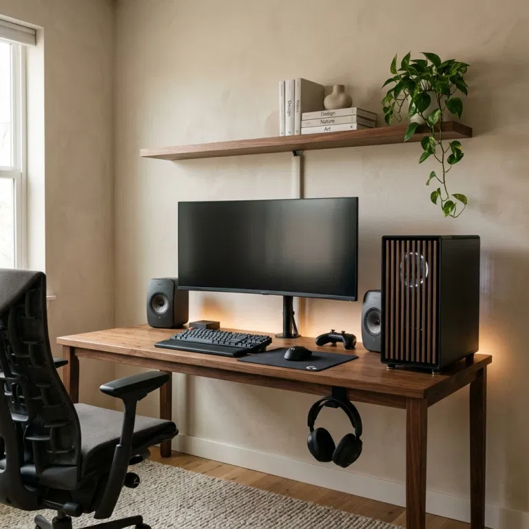 Slim wooden floating shelf with a trailing plant and books mounted above a gaming monitor