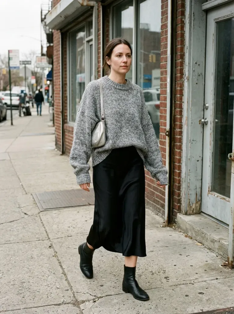 Grey Marl Oversized Sweater with Black Satin Midi Skirt