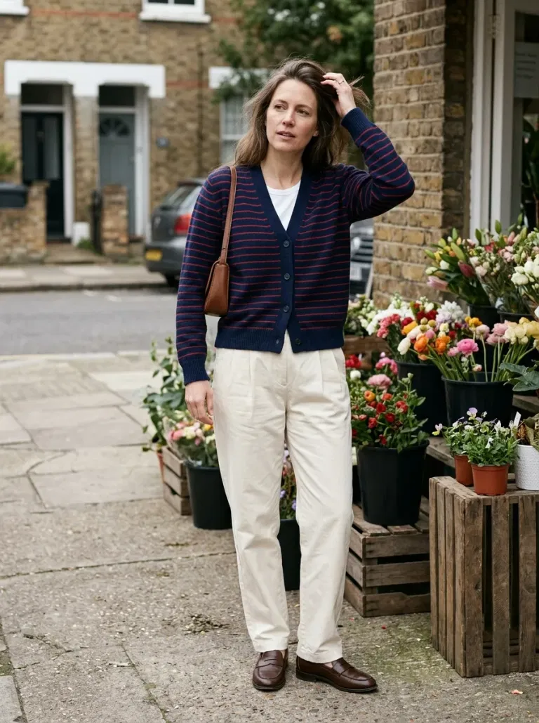 Navy Cardigan With Fine Red Stripes with Cream Pleated Trousers