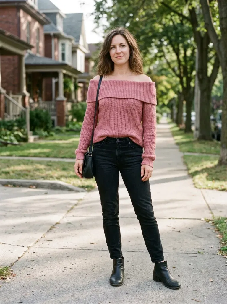 Rose-Pink Off-The-Shoulder Sweater with Black Cigarette Jeans