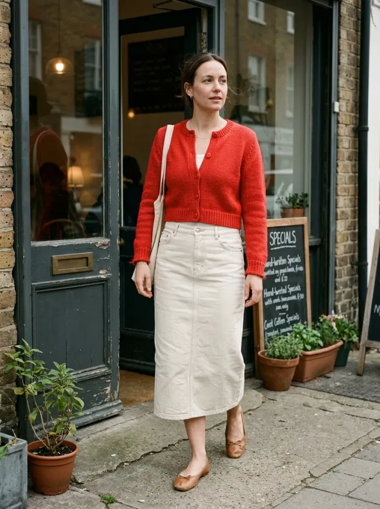 Tomato-Red Cropped Cardigan with Cream Denim Midi Skirt