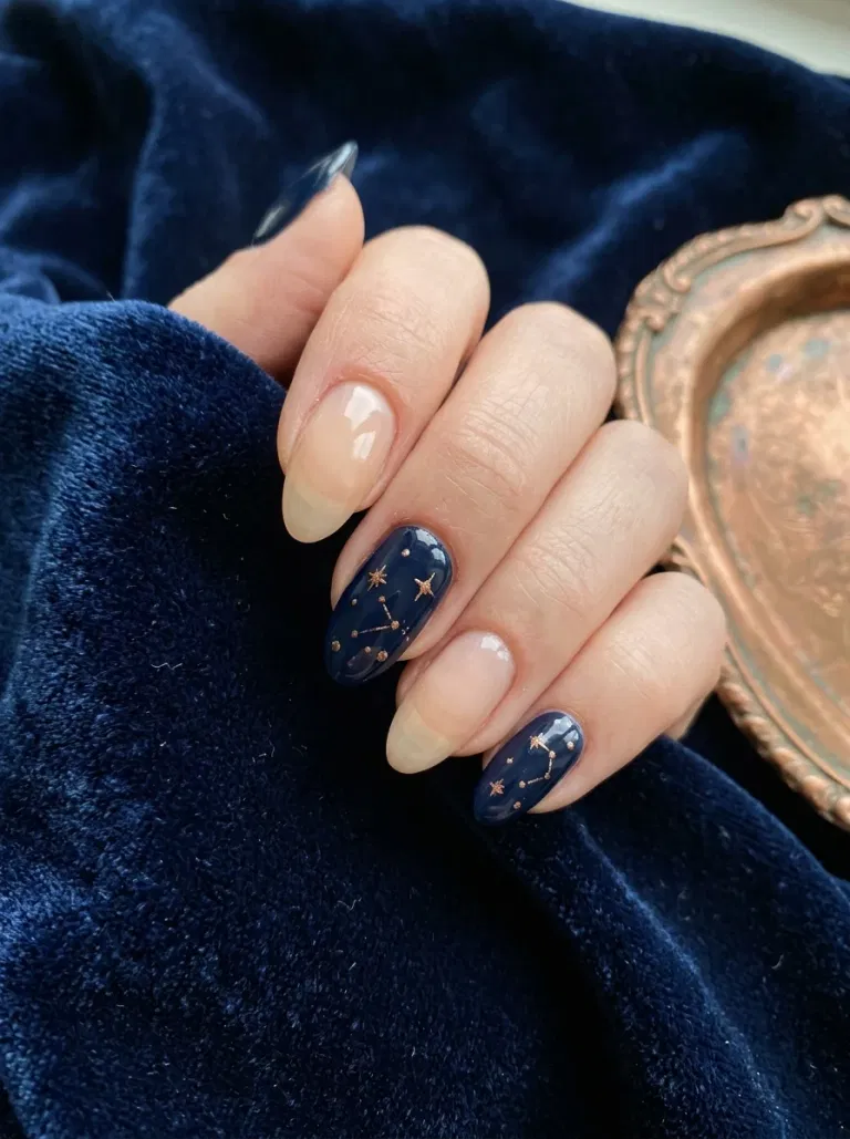 Midnight Navy and Copper Stars nail design