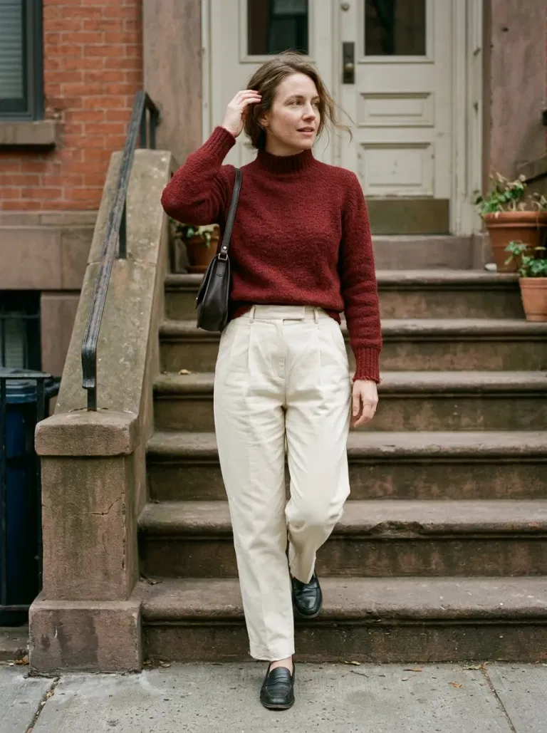 Oxblood-Red Mock-Neck Sweater with Cream Pleated Trousers