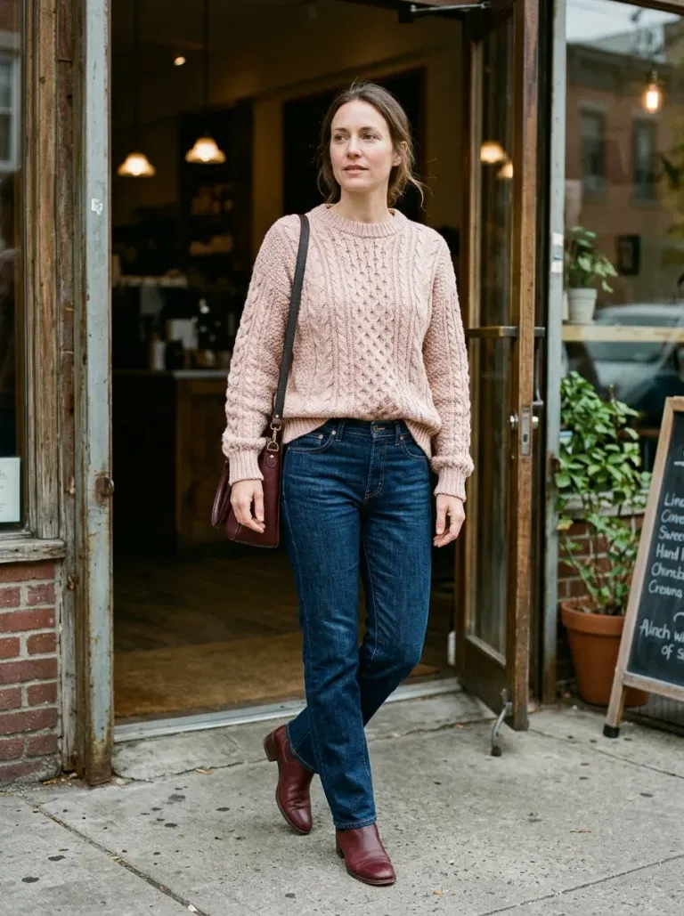 Blush Cable-Knit Sweater with Dark Blue Straight Jeans