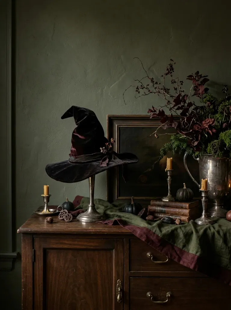 Velvet Witch Hat on a Stand