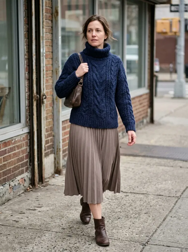 Navy Cable-Knit Turtleneck with Taupe Pleated Midi Skirt